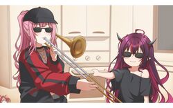  2girls :3 aged_down baseball_cap commentary english_commentary hakos_baelz hat hololive hololive_english horns instrument irys_(hololive) jan_azure long_hair meme mori_calliope mori_calliope_(streetwear) multiple_girls pink_hair pointy_ears ponytail purple_hair red_hair sunglasses trombone upper_body virtual_youtuber when_mama_isn&#039;t_home_(meme) when_you_see_it 