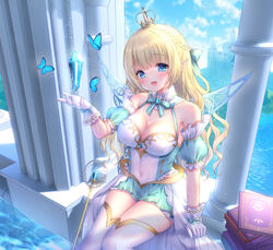  :d blonde_hair blue_eyes blue_skirt blue_wings book book_stack braid breasts bug butterfly castle cleavage commentary_request covered_navel crown crystal fairy_wings female gloves highres long_hair medium_breasts mini_crown original pleated_skirt pointy_ears shirt skirt smile solo thighhighs tower transparent_wings very_long_hair white_gloves white_shirt white_thighhighs wings yuyuko_(yuyucocco) 