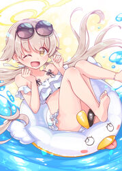  ;d anklet barefoot bikini blue_archive blush breasts eyewear_on_head feet female foot_out_of_frame frilled_bikini frills halo harada_(sansei_rain) hifumi_(blue_archive) hifumi_(swimsuit)_(blue_archive) highres jewelry layered_bikini legs lifebuoy light_brown_hair long_hair looking_at_viewer lower_teeth_only official_alternate_costume one_eye_closed open_mouth peroro_(blue_archive) small_breasts smile soles solo sunglasses swim_ring swimsuit teeth thighs tongue twintails very_long_hair water white_bikini yellow_eyes 