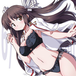  547th_sy black_bra black_hair black_panties bra brown_eyes commentary_request cowboy_shot dress_shirt female hair_ribbon highres hime_cut hiyou_(kancolle) kantai_collection lingerie long_hair long_sleeves looking_at_viewer open_clothes open_shirt panties ribbon shirt shirt_on_shoulders smile solo standing underwear white_ribbon white_shirt 