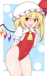  alternate_costume ascot bare_legs blonde_hair commentary covered_navel crystal female flandre_scarlet hat highleg highleg_leotard highres leotard looking_at_viewer mob_cap open_mouth red_eyes red_leotard rizento side_ponytail solo thighs touhou white_hat wings yellow_ascot 