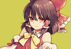  bare_shoulders bow bowtie breasts brown_hair closed_mouth commentary detached_sleeves eyebrows_hidden_by_hair female frilled_hair_tubes frills hair_between_eyes hair_tubes hairbow hakurei_reimu light_smile looking_at_viewer medium_breasts medium_hair red_bow red_eyes red_vest sidelocks simple_background solo tomobe_kinuko touhou upper_body vest yellow_background yellow_bow yellow_bowtie 