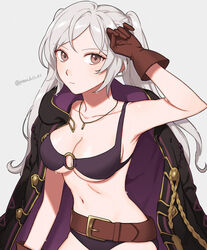  belt belt_buckle bikini breasts brown_belt brown_eyes brown_gloves buckle cleavage cloak collarbone commentary female fire_emblem fire_emblem_awakening fire_emblem_heroes gloves grey_background highres hood hooded_cloak jewelry long_hair looking_at_viewer medium_breasts navel necklace o-ring o-ring_bikini official_alternate_costume peach11_01 purple_bikini robin_(female)_(fire_emblem) robin_(female)_(summer)_(fire_emblem) robin_(fire_emblem) simple_background solo stomach swept_bangs swimsuit twintails twitter_username 