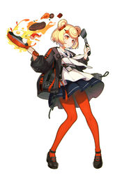  animal_ears arknights azema bear_ears black_footwear black_jacket blonde_hair blue_skirt candy_hair_ornament commentary egg egg_(food) female fire food food-themed_hair_ornament fried_egg frying_pan full_body garlic gummy_(arknights) gummy_(elite_ii)_(arknights) hair_ornament highres holding holding_frying_pan jacket long_sleeves mary_janes miniskirt octopus open_clothes open_jacket orange_eyes orange_pantyhose pantyhose shirt shoes short_hair shrimp simple_background skirt solo spatula standing steak white_background white_shirt 