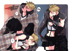  1boy aircraft airship armor babigonice bare_shoulders black_hair black_skirt black_thighhighs blanket blonde_hair blue_eyes blush boy_on_top cloud_strife couple crop_top cuddling detached_sleeves female final_fantasy final_fantasy_vii final_fantasy_vii_remake gloves kissing long_hair looking_at_another low-tied_long_hair lying midriff navel night night_sky on_back red_eyes sequential shoulder_armor skirt sky sleeveless sleeveless_turtleneck spiked_hair star_(sky) starry_sky straight sunset suspender_skirt suspenders tank_top thighhighs tifa_lockhart turtleneck zettai_ryouiki 