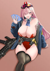  aizawa_u-ji arm_tattoo assault_rifle black_thighhighs blue_jacket breasts card detached_collar earrings eyewear_on_head female girls&#039;_frontline gun heart heart_earrings highres holding holding_card jacket jewelry large_breasts leotard long_hair long_sleeves mole mole_on_breast mole_under_eye neck_tattoo open_clothes open_jacket orange_goggles pink_hair playing_card red_eyes red_leotard rifle sig_mcx sig_mcx_(girls&#039;_frontline) sig_sauer sitting solo strapless strapless_leotard tattoo thighhighs very_long_hair weapon 