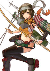  adapted_costume black_thighhighs blush bow_(weapon) breasts brown_eyes brown_gloves brown_hair commission female flight_deck gloves headband highres hiryuu_(kancolle) hiryuu_kai_ni_(kancolle) holding holding_bow_(weapon) holding_weapon kantai_collection large_breasts one_side_up open_mouth partially_fingerless_gloves quiver rudder_footwear short_hair simple_background skeb_commission solo tantaka thighhighs weapon white_background yugake yumi_(bow) 