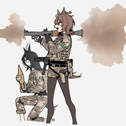  2girls agnes_tachyon_(umamusume) ahoge alternate_costume animal_ears black_gloves black_hair brown_eyes brown_hair brown_legwear bulletproof_vest commentary earrings english_commentary fatigues firing glock gloves gun hair_between_eyes handgun highres holding holstered horse_ears horse_girl horse_tail jewelry knee_pads long_bangs long_legs looking_to_the_side lwrc_smg_45 manhattan_cafe_(umamusume) military military_uniform multicolored_hair multiple_girls neonfloyd on_one_knee pants pants_rolled_up pantyhose pouch rocket_launcher rpg-7 rpg_(weapon) short_shorts shorts single_earring smoke submachine_gun tactical_clothes tail two-tone_hair umamusume uniform weapon white_hair yellow_eyes 