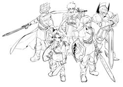  5boys absurdres armor bad_id bad_twitter_id bandages belt boots cape character_request closed_mouth crossover deku_shield dragon_quest dragon_quest_iii druaga_no_tou dual_persona erdrick&#039;s_sword fire_emblem fire_emblem:_path_of_radiance gilgamesh_(druaga) greyscale hair_between_eyes hat helmet hero_(dq3) highres holding holding_shield holding_sword holding_weapon hylian_shield ike_(fire_emblem) left-handed link male_focus master_sword monochrome multiple_boys over_shoulder parted_lips pointy_ears ragnell roto_(dq3) rx_hts shield short_sleeves spiked_hair spiked_helmet standing sword the_legend_of_zelda tunic weapon weapon_over_shoulder wooden_shield young_link 