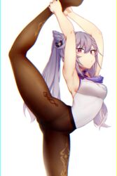  armpits arms_up black_pantyhose blurry blush breasts chromatic_aberration commentary_request cone_hair_bun contortion dev_(dev0614) embarrassed female flexible foot_out_of_frame genshin_impact hair_bun hair_ears highres holding_leg keqing_(genshin_impact) leg_up legs leotard long_hair looking_at_viewer medium_breasts oversplit pantyhose purple_eyes purple_hair sidelocks sleeveless solo standing standing_on_one_leg thighs twintails 