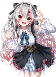  :d absurdres arm_up black_skirt blue_bow blue_bowtie blush bow bowtie breasts center_frills collared_shirt cowboy_shot female frilled_hairband frilled_shirt_collar frills gradient_hair grey_hair hairband hand_up high-waist_skirt highres hololive horns karashi_(asarikarasi) long_hair long_sleeves looking_at_viewer medium_breasts multicolored_hair nail_polish nakiri_ayame nakiri_ayame_(girly) oerba_yun_fang official_alternate_costume pink_nails red_eyes red_hair shirt simple_background skin-covered_horns skirt smile solo standing streaked_hair suspender_skirt suspenders very_long_hair virtual_youtuber white_background white_shirt 