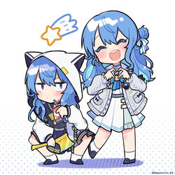  2girls absurdres axe blue_eyes blue_hair blush chibi closed_eyes commentary dual_persona facing_viewer golden_axe_(weapon) highres holding holding_axe hololive hood hood_up hoodie hoshimachi_suisei hoshimachi_suisei_(school_uniform) juice_box long_hair long_sleeves looking_at_viewer multiple_girls nekotaririn official_alternate_costume open_mouth shooting_star smile squatting star_(symbol) twitter_username v-shaped_eyebrows virtual_youtuber white_legwear 