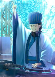  1boy absurdres artist_name beard black_hair blurry blurry_background chinese_clothes ciki_ciki_bam_bam dj facial_hair hand_up hanfu hat highres indoors j_humbo male_focus moustache orange_eyes paripi_koumei solo standing turntable zhuge_kongming_(paripi_koumei) 