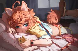  1boy ahoge animal_ears blue_eyes blush buffpup_(vtuber) cellphone commentary_request commission commissioner_insert dappled_sunlight dog_boy dog_ears dog_tail highres holding holding_phone indoors leash leg_up lying male_focus melaton messy_hair oerba_yun_fang on_bed on_stomach orange_hair phone pillow shoes skeb_commission smartwatch solo star-shaped_pupils star_(symbol) sunlight symbol-shaped_pupils tail tail_through_clothes vchiban virtual_youtuber watch wristwatch 