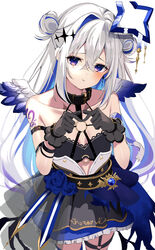  :t absurdres amane_kanata amane_kanata_(another_world) angel_wings animal_collar arm_strap bandages bare_shoulders belt black_belt black_bra black_collar black_gloves black_skirt blue_flower blue_hair blue_halo blue_rose blue_skirt blush bra breasts chest_harness collar collarbone colored_inner_hair double_bun female flower furrowed_brow gloves gradient_hair grey_hair hair_between_eyes hair_bun halo harness heart_o-ring high-waist_skirt highres hololive index_fingers_together lace-trimmed_bra lace_trim layered_skirt long_hair looking_at_viewer miniskirt multicolored_hair o-ring o-ring_thigh_strap o-ring_top pout purple_eyes purple_hair rose sidelocks skirt small_breasts solo streaked_hair thigh_strap underwear uuroncha virtual_youtuber white_background wings wrist_straps 