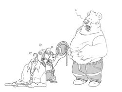  2019 4:3 american_black_bear angry anthro armor bear belly black_bear bottomwear breeze_in_the_clouds closed_eyes clothing coal_(breeze_in_the_clouds) duo eclipticafusion hard_hat headgear helmet kermode_bear male mammal monochrome necktie overweight overweight_male pants pile_(breeze_in_the_clouds) shirt simple_background tired topwear ursine white_background 