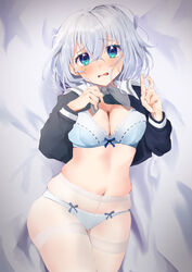  ant_m22 aqua_eyes bang_dream! bed_sheet black_shirt blue_bow blue_bra blue_panties bow bow_bra bow_panties bra breasts cleavage clothes_lift commentary_request cowboy_shot crossed_bangs embarrassed female frilled_bra frills grey_hair grey_neckerchief hair_between_eyes hands_up high-waist_pantyhose highres kurata_mashiro lace-trimmed_bra lace-trimmed_panties lace_trim long_sleeves looking_at_viewer lying medium_breasts medium_hair navel neckerchief no_pants on_back panties pantyhose parted_lips raised_eyebrows ribbon-trimmed_bra ribbon_trim sailor_collar school_uniform serafuku shirt shirt_lift solo stomach thighband_pantyhose tsukinomori_school_uniform underwear v wavy_mouth white_pantyhose white_sailor_collar 