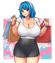  bag bead_bracelet beads black_skirt blue_hair bra bracelet breasts cleavage closed_mouth collarbone cowboy_shot curvy erkaz female floral_background hairband highres jewelry large_breasts medium_hair miniskirt original red_eyes rina_atherina see-through shirt shopping_bag short_sleeves sidelocks skirt smile solo standing t-shirt thighs underwear white_hairband white_shirt 