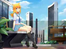  absurdres animal_ears bad_id bad_pixiv_id blonde_hair blue_sky building cat_ears cat_tail commentary day female green_eyes hair_between_eyes high_heels highres long_hair looking_at_viewer original outdoors plant pleated_skirt potted_plant sailor_collar school_uniform serafuku sitting skirt sky skyscraper smile socks solo sonikey0_0 tail 