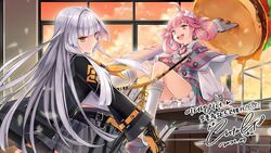  2girls :d aqua_capelet aqua_dress arrow_(projectile) belt black_belt black_jacket black_survival bloomers blunt_bangs bow_(weapon) burger capelet classroom commentary_request cuteg desk dress eleven_(black_survival) eternal_return:_black_survival evening food fork gloves grey_capelet grey_dress grey_skirt highres hime_cut holding holding_arrow indoors jacket kneehighs korean_commentary korean_text long_hair long_sleeves midriff_peek minami_rio multicolored_capelet multicolored_clothes multicolored_dress multiple_girls on_desk open_mouth over_shoulder oversized_object pink_capelet pink_dress pink_eyes pink_hair plaid plaid_capelet plaid_dress pleated_skirt school_desk shirt signature single_glove sitting skirt smile socks teeth translation_request underwear upper_teeth_only weapon white_hair white_legwear white_shirt window yellow_eyes 