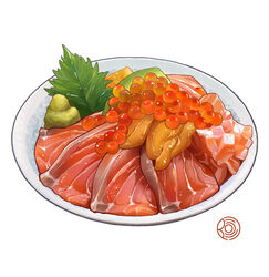  abaoyaonuli absurdres bowl chinese_commentary commentary_request egg fish fish_(food) food food_focus highres ikura_(food) leaf meat no_humans original realistic roe sashimi seafood simple_background still_life uni_(food) vegetable wasabi white_background 