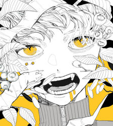  1boy berry close-up commentary highres kamomiland leaf looking_at_viewer male_focus monochrome open_mouth original portrait short_hair simple_background solo spot_color teeth tongue turtleneck yellow_background yellow_eyes zipper_pull_tab 