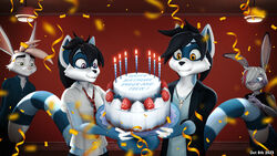  16:9 3d_(artwork) anthro birthday birthday_cake blue_body blue_eyes blue_fur bottomwear brother_(lore) brother_and_sister_(lore) cake candle celebration clothed clothing denim denim_bottomwear denim_clothing dessert digital_media_(artwork) felix_(striped_sins) female food fruit fur green_eyes jeans june_(striped_sins) lagomorph leporid male mammal markings necktie oliver_(striped_sins) open_clothing open_shirt open_topwear pants party pattern_clothing pattern_necktie plaid plaid_clothing plaid_necktie plant procyonid purple_body purple_eyes purple_fur rabbit raccoon ryder_(striped_sins) shark_tooth_necklace shirt sibling_(lore) sister_(lore) strawberry streamers striped_markings striped_sins striped_tail stripes t-shirt tail tail_markings topwear white_body white_fur widescreen willitfit yellow_eyes 