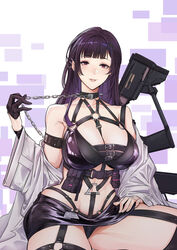  absurdres bare_shoulders black_gloves breasts chest_harness choker cleavage collar commentary curvy dominatrix earrings english_commentary female gloves goddess_of_victory:_nikke gun half_gloves harness highres jewelry large_breasts long_hair looking_at_viewer mihara_(nikke) navel panties red_eyes revealing_clothes shiny_clothes single_glove single_half_glove solo squatting thick_thighs thighs underwear weapon yukimpoi 