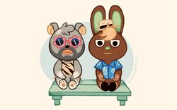  2020 animal_crossing anthro barold_(animal_crossing) beard black_body black_fur brown_body brown_fur chibi clothing duo eyewear facial_hair flyingrotten fur hat headgear headwear hi_res lagomorph leporid male mammal nintendo o&#039;hare_(animal_crossing) rabbit shirt sitting sunglasses topwear 