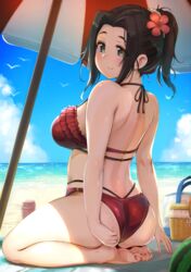  adjusting_clothes adjusting_swimsuit ass back bare_arms bare_shoulders barefoot basket beach beach_towel beach_umbrella bikini black_eyes black_hair blue_sky day ebihara_naho female from_behind full_body hair_ornament hair_scrunchie highres horizon idolmaster idolmaster_cinderella_girls long_hair looking_at_viewer looking_back ocean outdoors ponytail red_bikini scrunchie sitting sky smile soles solo summer swimsuit toruneko towel umbrella wariza white_scrunchie 