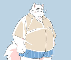  2023 anthro belly big_belly boxers_(clothing) canid canine canis closed_eyes clothing domestic_dog hi_res inunoshippo kemono male mammal overweight overweight_male shirt simple_background solo tired topwear underwear 