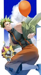  1boy abs absurdres achilles_(fate) achilles_(fearless_diver)_(fate) balloon black_shirt fate/grand_order fate_(series) goggles goggles_on_head green_hair green_jacket grimace haruakira highres holding holding_balloon jacket large_pectorals looking_up male_focus muscular muscular_male orange_eyes orange_pants pants pectorals shirt shoes sidepec skin_tight sleeveless sleeveless_shirt solo tarasque_(fate) undercut 