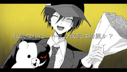  1boy :d blush bouquet closed_eyes collared_shirt commentary danganronpa_(series) danganronpa_v3:_killing_harmony eyebrows_visible_through_hat facing_viewer gradient_background hair_between_eyes highres holding holding_bouquet iumi_urura jacket letterboxed male_focus monokuma necktie saihara_shuichi shirt short_hair smile striped_necktie teeth upper_teeth_only 