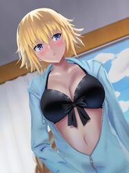  absurdres bikini black_bikini black_hairband blonde_hair blue_eyes blue_hoodie blue_jacket blush breasts cleavage collarbone fate/grand_order fate_(series) female hairband highres hood hooded_jacket hoodie jacket jeanne_d&#039;arc_(fate) jeanne_d&#039;arc_(swimsuit_archer)_(fate) jeanne_d&#039;arc_(swimsuit_archer)_(first_ascension)_(fate) large_breasts lightbear long_hair long_sleeves looking_to_the_side open_mouth solo swimsuit zipper 