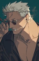  1boy absurdres bara black_shirt cigarette facial_hair goatee highres kabane_(rjev8385) large_pectorals looking_to_the_side male_focus muscular muscular_male oerba_yun_fang one_piece partially_unbuttoned pectoral_cleavage pectorals red_eyes scar scar_on_chest scar_on_face shirt short_hair smoke smoker_(one_piece) smoking solo sunglasses upper_body white_hair 