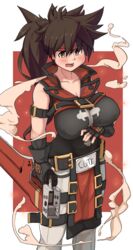  abs ahoge belt_buckle black_gloves blush bodysuit bodysuit_under_clothes breasts brown_eyes brown_hair buckle covered_navel covered_nipples female fingerless_gloves genderswap_(mtf) gloves guilty_gear guilty_gear_xrd headband highres holding holding_sword holding_weapon impossible_clothes junkyard_dog_mk_iii large_breasts long_hair messy_hair open_mouth ponytail reverse_grip rule_63 sakanadaze shirt sleeveless smoke sol_badgal sol_badguy solo sword taut_clothes taut_shirt weapon 