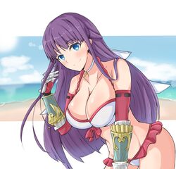  absurdres bare_shoulders beach bikini blue_eyes blue_sky blush breasts choker cleavage closed_mouth collarbone cross cross_choker day earrings elbow_gloves fate/grand_order fate_(series) female frilled_bikini frills gauntlets gloves highres jewelry large_breasts leaning_forward long_hair looking_at_viewer martha_(fate) martha_(swimsuit_ruler)_(fate) martha_(swimsuit_ruler)_(third_ascension)_(fate) maru_hien ocean outdoors purple_hair red_gloves sky smile swimsuit white_bikini 