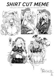  ! !! bandages beret braid breasts center_opening chart cleavage_cutout clothing_cutout english_text female g36c_(burning-eyed_g36c)_(girls&#039;_frontline) g36c_(girls&#039;_frontline) g36c_(ode_to_summer)_(girls&#039;_frontline) g36c_(red_beret)_(girls&#039;_frontline) g36c_(you_who_steps_up)_(girls&#039;_frontline) girls&#039;_frontline greyscale hair_over_one_eye hat heart highres huge_breasts iapoc long_hair meme monochrome multiple_drawing_challenge official_alternate_costume shirt_cut_meme side_braid sideboob speech_bubble spoken_heart torn_clothes 