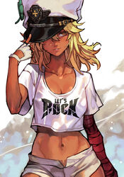  alternate_costume bandaged_arm bandages blonde_hair breasts cleavage cowboy_shot crop_top cropped_shirt dark-skinned_female dark_skin female fingerless_gloves gloves guilty_gear guilty_gear_strive guilty_gear_strive_x_tower_records hat hat_over_one_eye hungry_clicker looking_to_the_side medium_hair midriff navel official_alternate_costume parted_lips ramlethal_valentine smirk solo toned tower_records yellow_eyes 