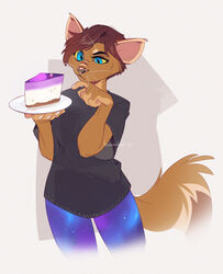  2021 5_fingers anthro blue_eyes brown_body brown_fur brown_hair cake dessert digital_media_(artwork) domestic_cat eyebrows eyelashes felid feline felis female fingers food fur hair kissa_yander kyander mammal solo yellow_sclera 