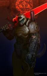  1boy absurdres assault_visor bad_id bad_pixiv_id commentary crucible_(doom) doom_(series) doom_eternal doomguy energy_sword english_commentary glowing glowing_sword glowing_weapon grey_visor helmet highres holding_head huge_weapon junexp magic_circle male_focus marauder_(doom_eternal) mark_of_the_doom_slayer muscular muscular_male pentagram praetor_suit severed_head shoulder_cannon solo space_marine sword weapon 