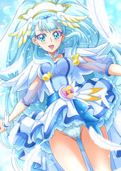  ass_visible_through_thighs blue_background blue_hair blue_panties blush breasts cure_ange dress earrings feathers female gradient_background hair_ornament hanzou hat head_wings heart_pouch highres hugtto!_precure jewelry long_hair looking_at_viewer magical_girl medium_breasts nurse_cap open_mouth panties precure see-through see-through_sleeves smile solo thick_eyelashes thighs underwear very_long_hair wings wrist_cuffs yakushiji_saaya 