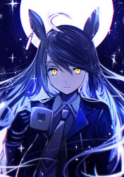  absurdres ahoge animal_ears black_gloves black_hair blue_hair blue_jacket closed_mouth collared_shirt commentary_request cup female full_moon gloves hair_between_eyes highres holding holding_cup horse_ears horse_girl jacket light_smile long_hair long_sleeves manhattan_cafe_(umamusume) moon mug multicolored_hair necktie open_clothes open_jacket shirt solo tarbo_(exxxpiation) two-tone_hair umamusume upper_body very_long_hair white_necktie white_shirt yellow_eyes 