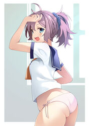  aoba_(kancolle) ass blue_eyes blue_scrunchie bursting_ass butt_crack cowboy_shot duplicate female hair_ornament hair_scrunchie kantai_collection long_hair looking_at_viewer mofu_namako neckerchief no_pants panties photoshop_(medium) pixel-perfect_duplicate ponytail purple_hair school_uniform scrunchie serafuku side-tie_panties skindentation solo thighs tight_clothes underwear white_panties window yellow_neckerchief 