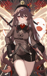  black_hat black_nails black_shorts blush boo_tao_(genshin_impact) breasts brown_coat brown_hair coat female flower flower-shaped_pupils genshin_impact ghost hair_between_eyes hair_flaps hat hat_flower hat_tassel highres hu_tao_(genshin_impact) jewelry long_hair long_sleeves looking_at_viewer medium_breasts nail_polish nyuu_(pixiv12143565) red_eyes short_shorts shorts smile solo symbol-shaped_pupils thighs twintails very_long_hair wide_sleeves 