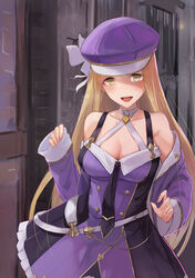  akino_komichi bare_shoulders blonde_hair blush breasts cleavage diola_(granblue_fantasy) dress female granblue_fantasy halterneck hat highres large_breasts long_hair long_sleeves looking_at_viewer open_mouth purple_dress purple_hat smile solo yellow_eyes 