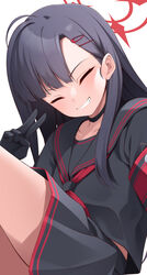  black_choker black_gloves black_hair black_sailor_collar black_serafuku black_skirt blue_archive choker closed_eyes facing_viewer female gloves grin hair_ornament hairclip halo highres ichika_(blue_archive) long_hair long_sleeves mofu_namako neckerchief pleated_skirt red_halo red_neckerchief sailor_collar school_uniform serafuku simple_background skirt smile solo thighs white_background 