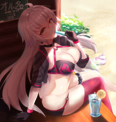  absurdres ahoge ass bikini black_bikini black_choker black_gloves black_jacket blush breasts choker cleavage collarbone cropped_jacket cup eating fate/grand_order fate_(series) female food fruit gloves grey_hair highres jacket jeanne_d&#039;arc_alter_(fate) jeanne_d&#039;arc_alter_(swimsuit_berserker)_(fate) large_breasts lemon lemon_slice long_hair long_sleeves looking_at_viewer ltsum o-ring open_mouth popsicle red_thighhighs shrug_(clothing) single_thighhigh sitting solo swimsuit thigh_strap thighhighs very_long_hair yellow_eyes 