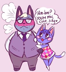  2020 animal_crossing anthro belly blush bodily_fluids bottomwear clothing dialogue domestic_cat duo english_text eyewear felid feline felis female glasses hi_res male mammal necktie nintendo overweight overweight_male pants raymond_(animal_crossing) rosie_(animal_crossing) scribblinglee shirt simple_background sweat text topwear 