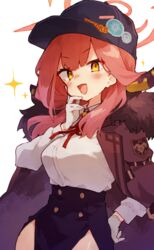  :d aru_(blue_archive) blue_archive blush bow bowtie coat commentary_request demon_girl demon_horns female fur-trimmed_coat fur_trim gloves hair_between_eyes halo hand_on_own_chin hand_on_own_hip hat hat_ornament horns long_hair long_sleeves looking_at_viewer pink_hair rimukoro school_uniform shirt side_slit sidelocks simple_background smile solo sparkle white_background white_gloves white_shirt yellow_eyes 